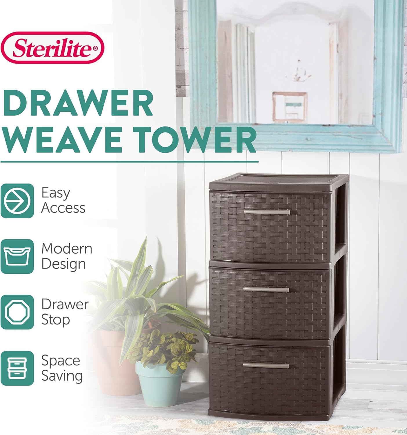 Sterilite 3 Drawer Storage Tower - Decorative Weave Organizer for Dorm, Closet & Craft Room - Espresso Finish