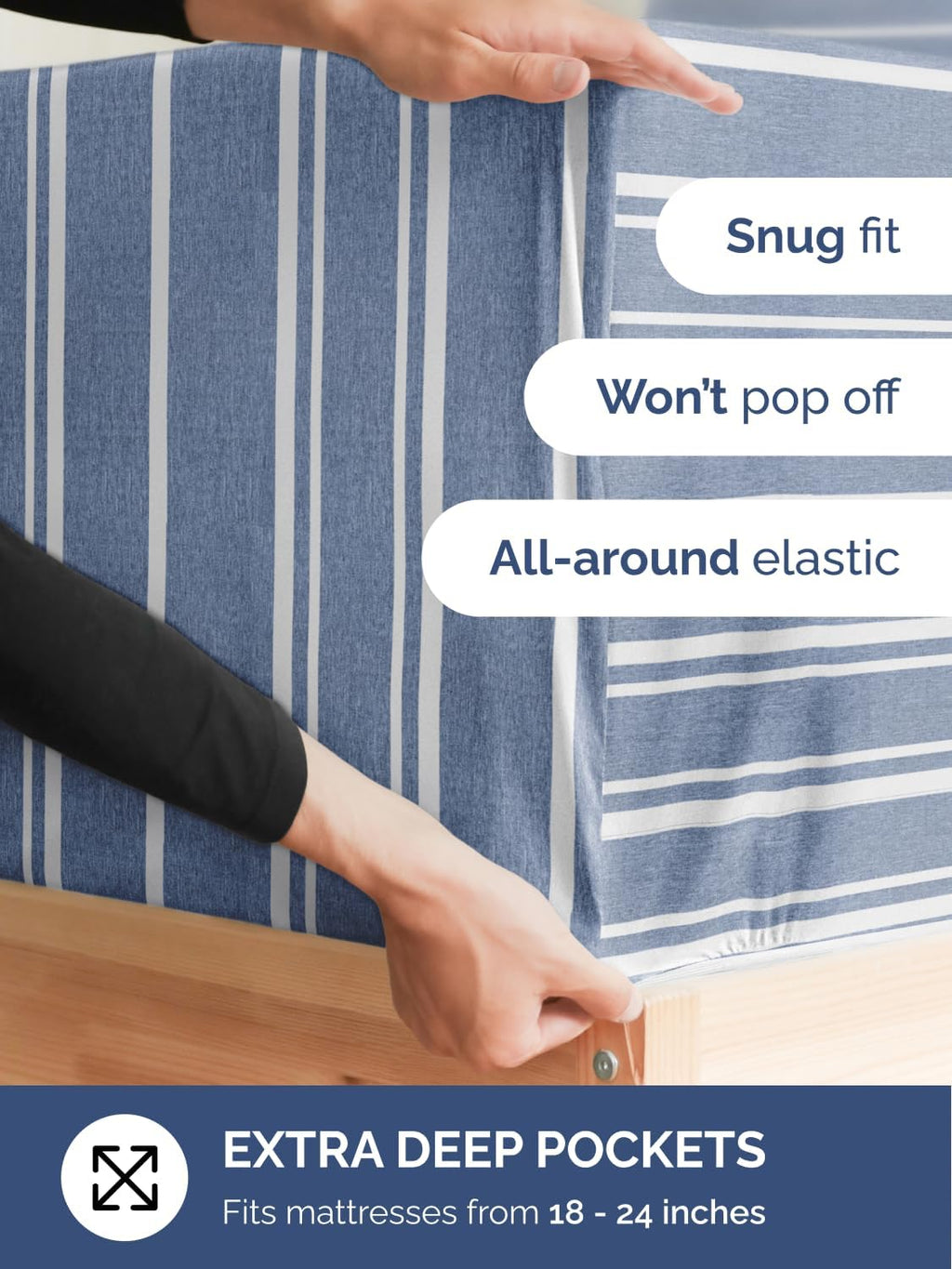 Skiennix Extra Deep Full Sheet Set - 6 Piece Cooling & Breathable Bedding - Soft, Wrinkle-Free Blue Stripes