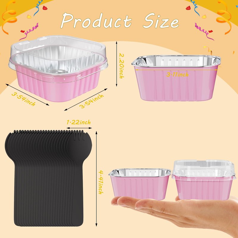 Ksmxos 50 Pack Square Mini Cake Pans with Lids,Mini Loaf Pans with Lids,Aluminum Foil Baking Cups,Disposable Ramekins Cupcake Cups,Dessert Cups for Wedding Birthday Party Picnics,5oz (Pink)