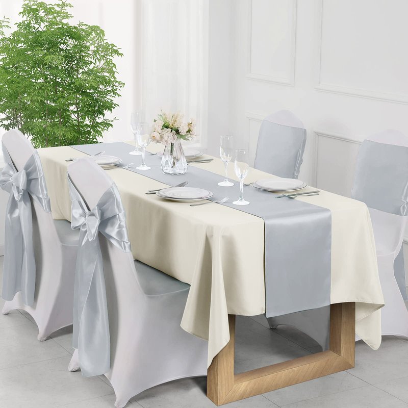 Manyshofu 12Pcs Satin Silver Table Runner - 12 x 108 Inch Long Size, Party Table Runner Decor Bright & Smooth Wedding Decorations Runners for Banquet Chef Birthday Buffet Dinner Graduations
