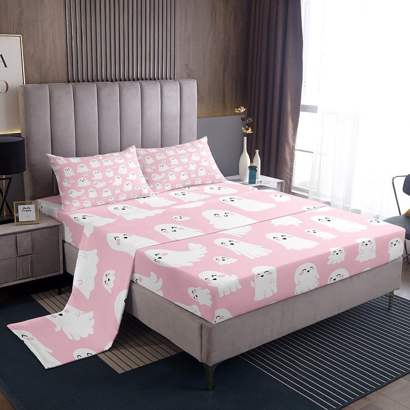 Feelyou Halloween Ghost Sheets Set Cute Pink Spooky King Size Bedding Set Decoration for Kids Boys Girls Cartoon Fitted Sheet Kawaii Lovely Bed Sheet Set Collection