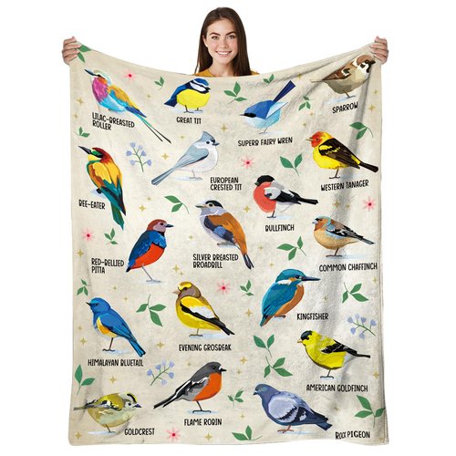 HEIFAM Bird Alphabet Blanket, Bird Gifts for Men Women, Easily Distracted by Birds Print Blanket Colorful, Birthday Gift for Boys Girls, Kingfishers Rock Pigeon House Sparrow Birds, 50''x60''