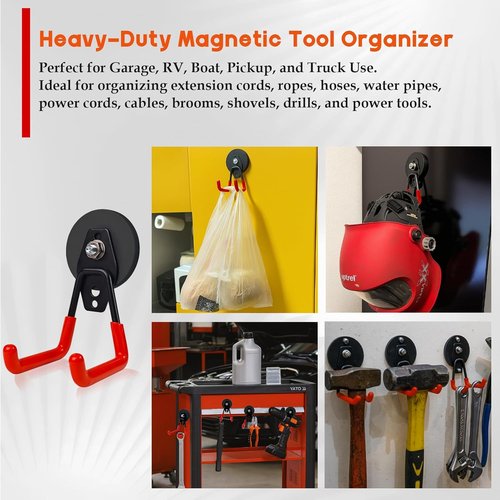 EDSRDUX Heavy Duty Magnetic Hooks - Strong Anti-Slip Rubber Coated Utility Hooks for Garage & Workshop (Medium - 2 Pack)
