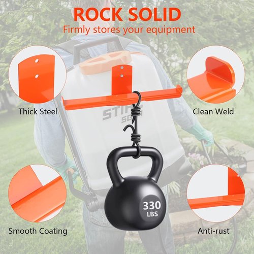 Backpack Blower Rack - Heavy Duty Wall Mount with Hose Holder & Dual-Sided Hooks | 330lbs Capacity