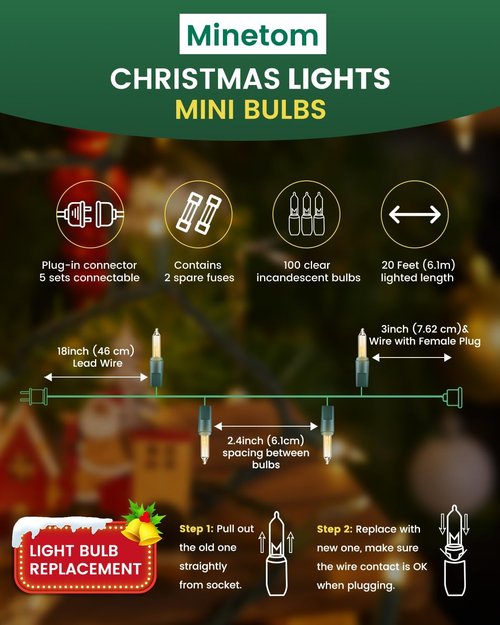 Minetom Clear Christmas String Lights - 100 Count 20 Feet Mini Incandescent Bulbs for Indoor Decor | Green Wire