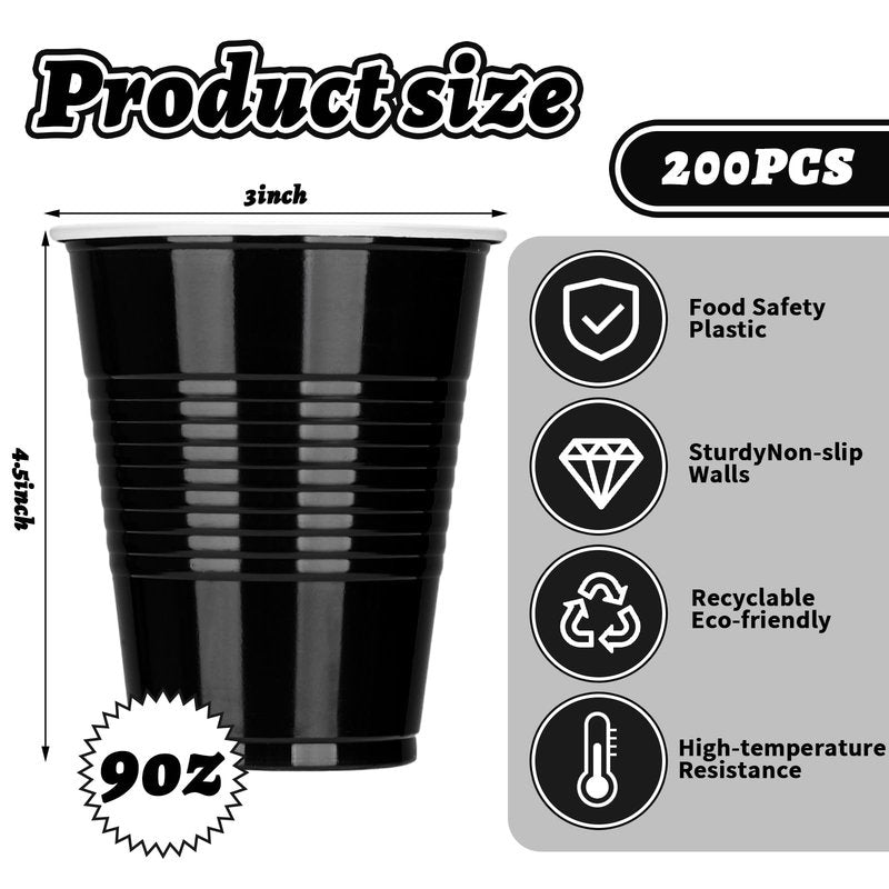 Cholemy 200 Pcs 9 oz Disposable Black Plastic Cups for Party,graduation Shot Cups,drinking Plastic Cocktail Tumbler for Coffee Water Beverage Tea Juice Birthday Party Wedding Barbecues Picnics(Black)