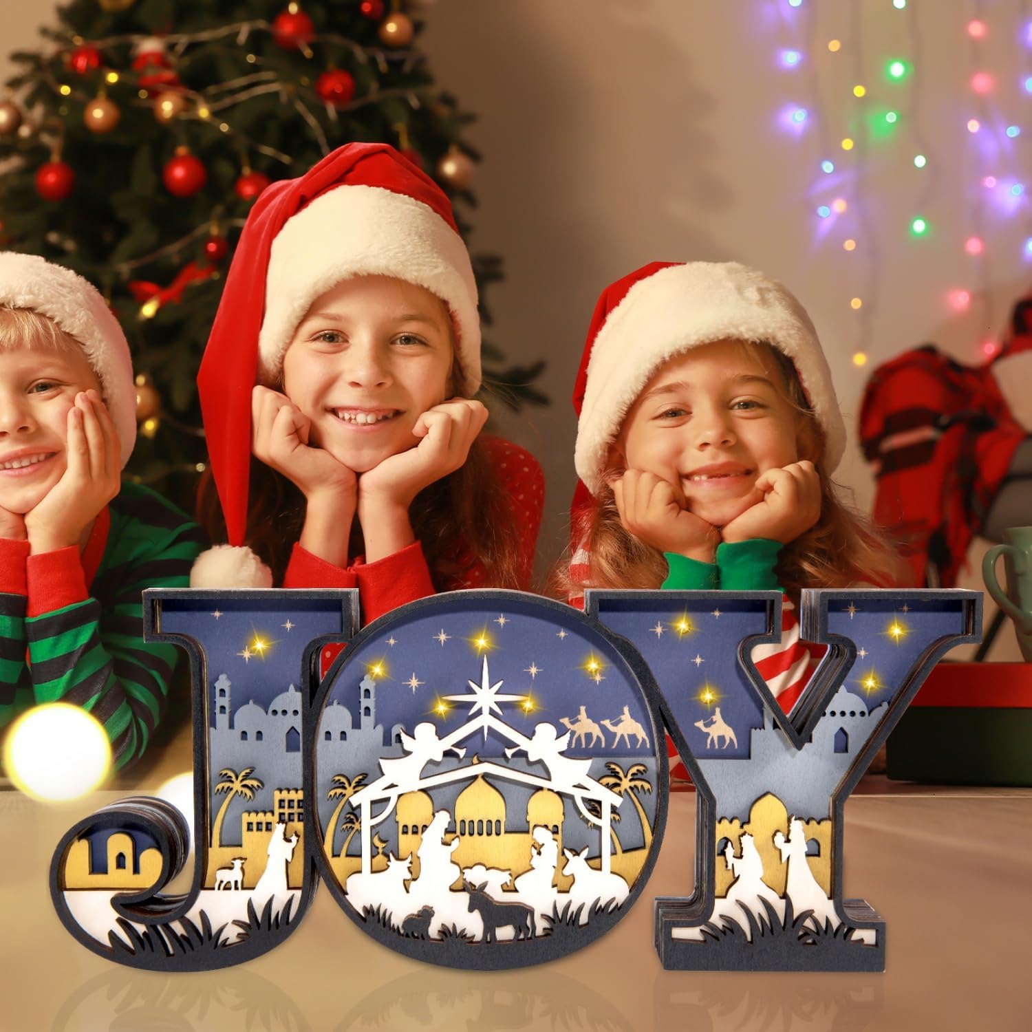 Nativity Scene Set by Christmas Joy - 3D Indoor Ornament with LED Lights for Tabletop Decor