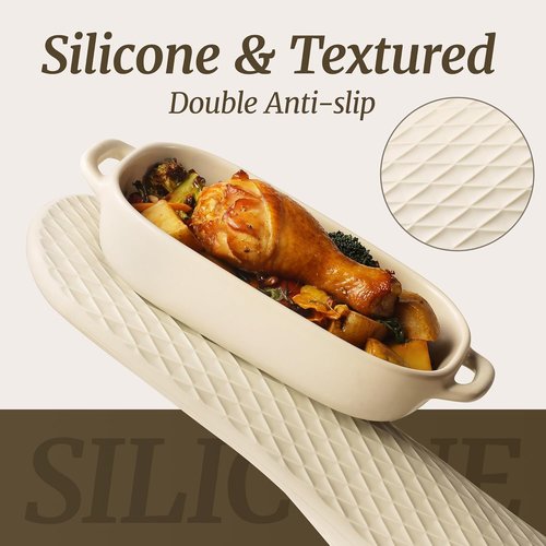 CAROTE Extra Long Oven Mitts - Heat Resistant Non-Slip Silicone Gloves for Baking & Grilling | 2-Piece Set, Beige