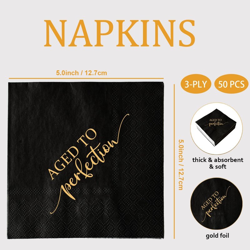 Aged to Perfection Birthday Party Disposable Paper Napkins 3-ply Gold Foil and Black Beverage Napkins for Happy Birthday Party Decorations Retirement Cocktail Napkins