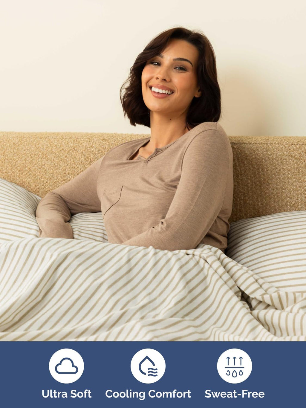 Skiennix Extra Deep Queen Sheet Set - 6 Piece Breathable Cooling Bedding - Soft Wrinkle-Free Beige Stripes