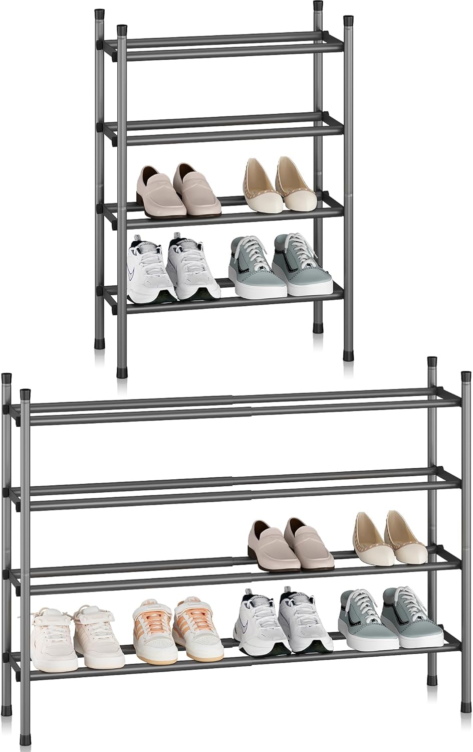 STORAGE MANIAC Expandable Shoe Rack - 16 Pairs Stackable Organizer for Closet & Entryway - Black 4 Tier