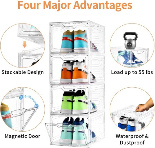 Clear Plastic Shoe Boxes - 10 Pack Stackable Storage Organizers with Lids | Fits Up to US Size 13