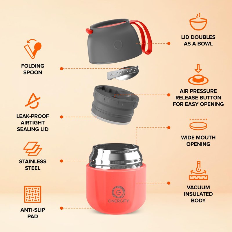 ENERGIFY Vacuum Insulated Food Jar. Large 12oz Bowl incl. Folding Spoon, Cup. Wide Mouth Keep Hot & Cold Drinks Soup Lunch Container for Adults. BPA-Free Stainless Steel, Leak Proof Fusion Coral