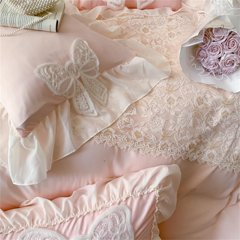 MOOWOO Chic Ruffle Lace Twin Duvet Cover Set-Bow Duvet Cover with Butterfly Tie-2 Piece Comforter Duvet Cover with Zipper Closure,Coquette Room Decor-Pink,Full Size