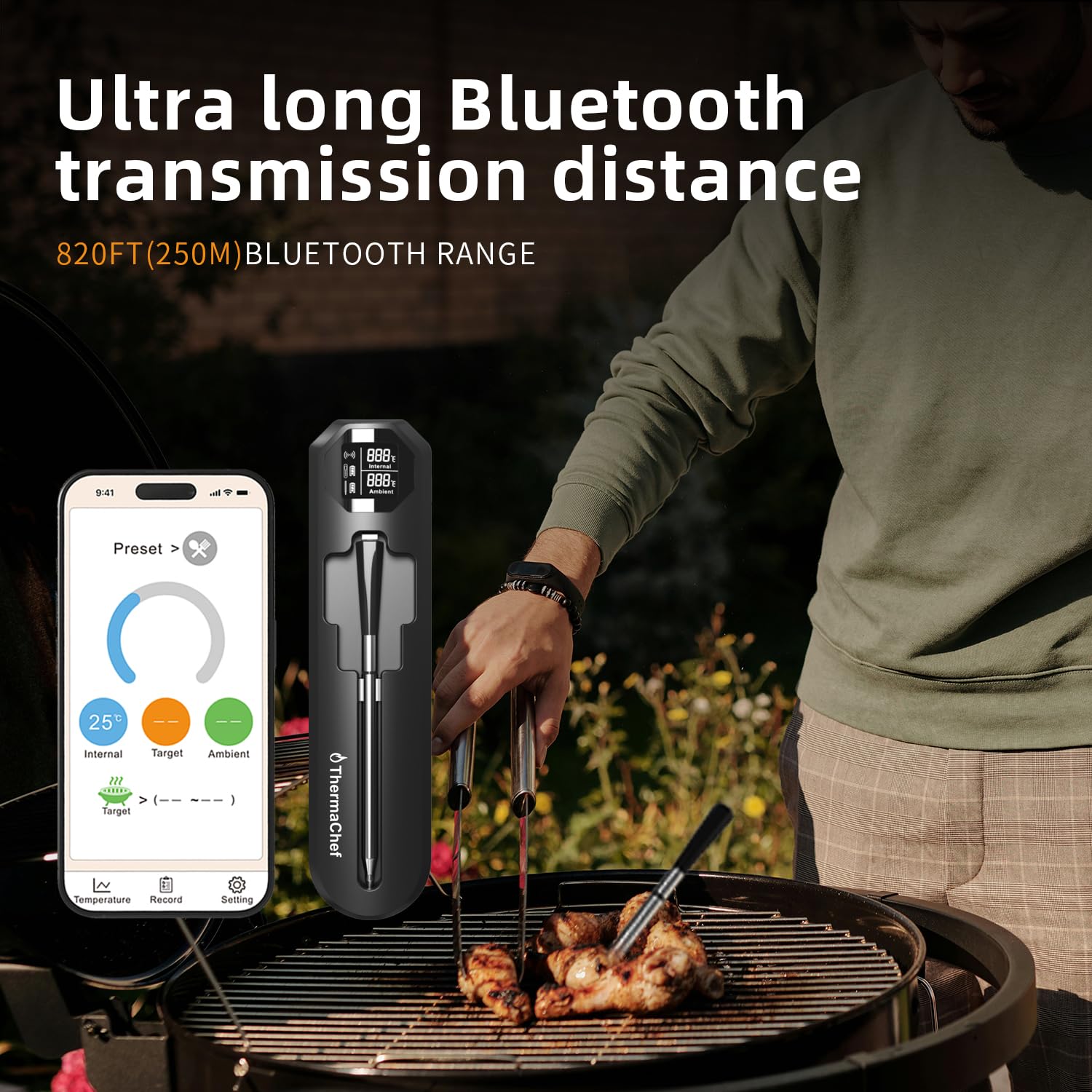 ThermaChef: Smart Wireless Meat Thermometer | Kitchen Cooking Outdoor BBQ Grilling | 820FT Digital Bluetooth Thermometer