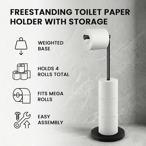 Cesun Toilet Paper Holder - Free Standing Matte Black Design with Heavy Weighted Base & Non-Slip Feature