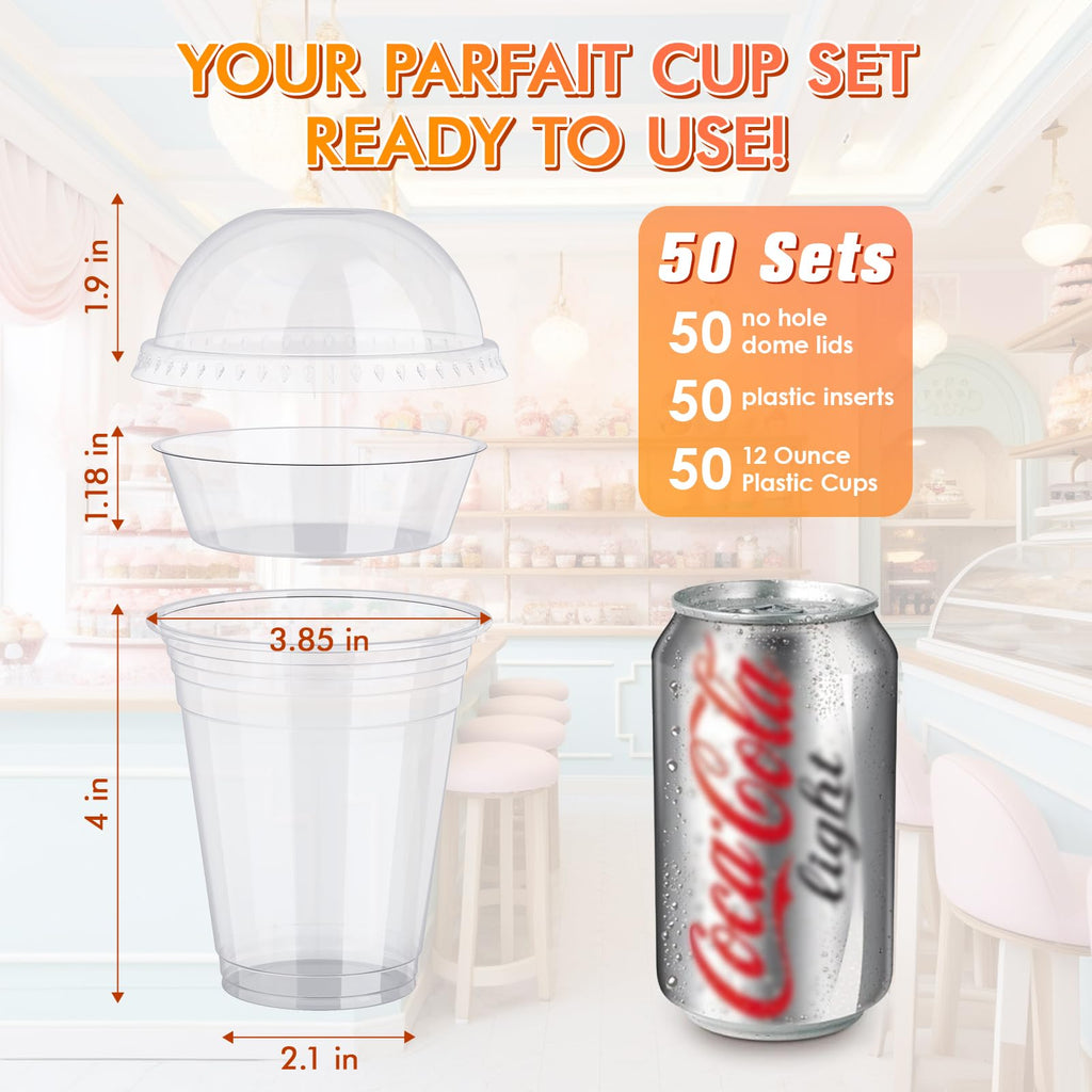 Lilymicky 50 Sets 12 oz Clear Plastic Parfait Cups with Insert & Dome lids, Disposable Yogurt Fruit Cups for Kids, for Dips and Veggies, Dessert and Party Snacks