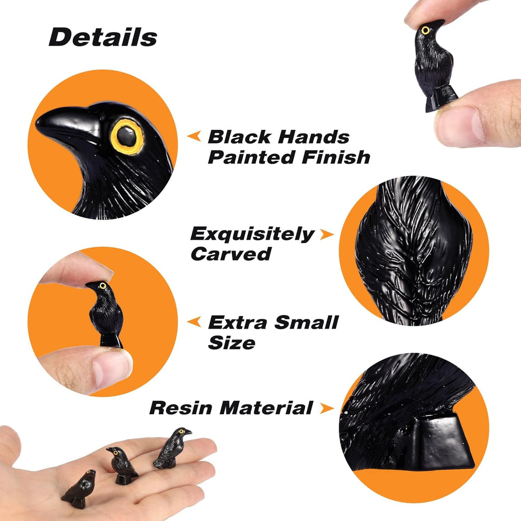 Skiennix Halloween Miniature Crow Figurines - 100 Pcs Tiny Resin Animal Ornaments for Craft & Decor