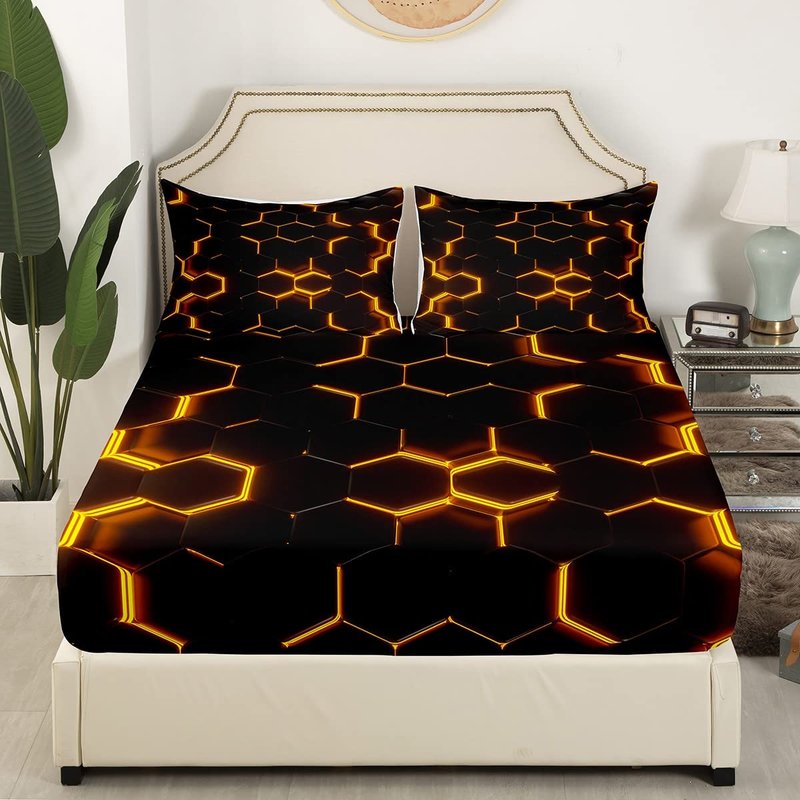 Feelyou Honeycomb Bedding Sheets Twin Size Yellow and Brown Neon Lights Bed Sheet Set Geometric Hexagon Bedding Set 3pcs for Kids Boys Girls Bedroom Decor Black Sheet Set with 1 Pillowcase
