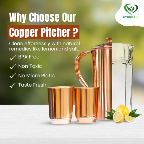 Copper Pitcher with Lid & 2 Tumbler Glasses - 1500ml/50 Oz Pure Copper Handmade Jug | Smooth Finish, Boost Hydration, Support Sugar Intake Control & Health Benefits
