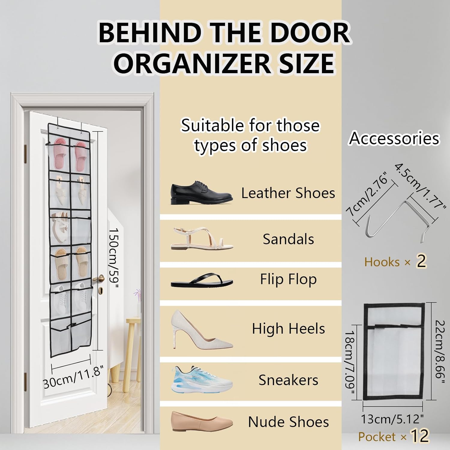 Over The Door Shoe Organizer - 12 Mesh Pockets With 4 Metal Hooks | Space-Saving White Design