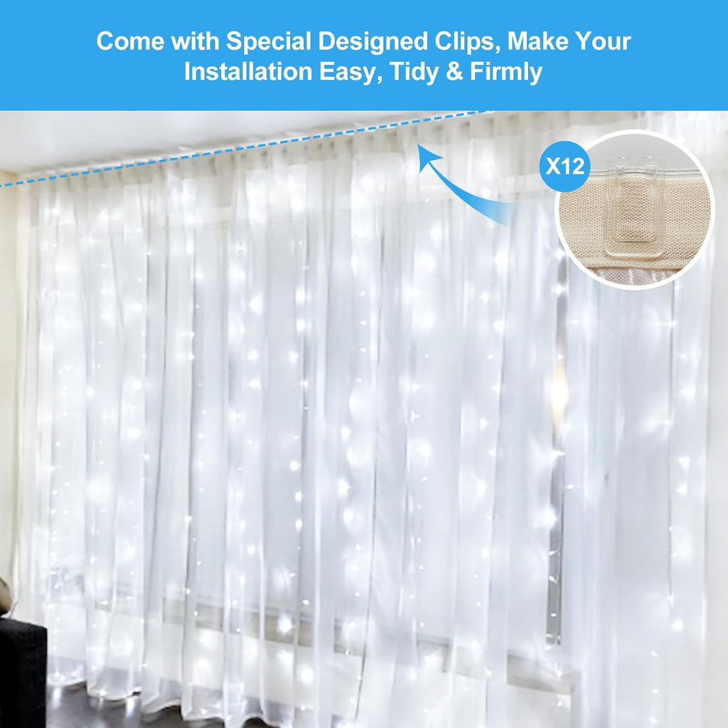 Skiennix 300 LED Fairy Curtain Lights - 9.8 x 9.8FT Cold White USB String Lights with Remote | 8 Modes for Christmas, Weddings & More