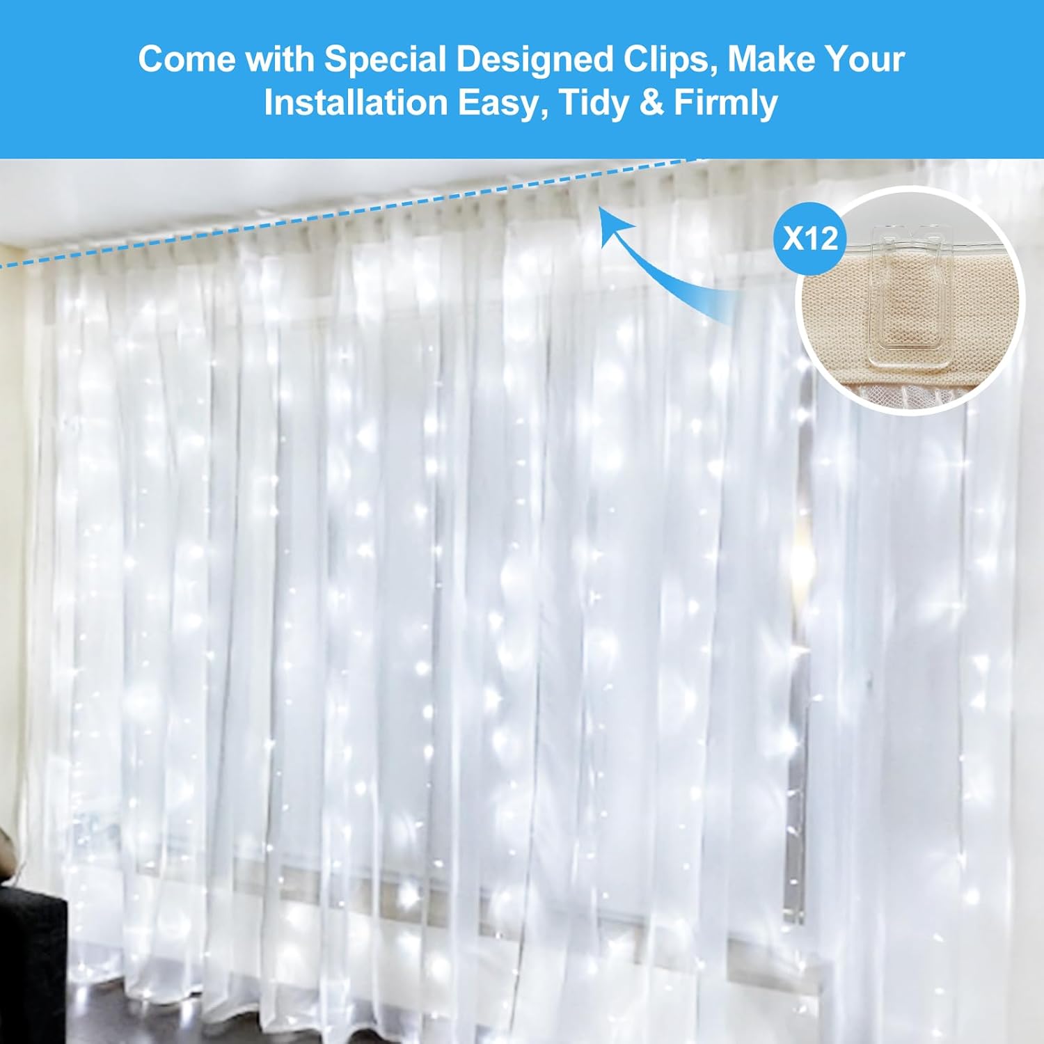Skiennix 300 LED Fairy Curtain Lights - 9.8 x 9.8FT Cold White USB String Lights with Remote | 8 Modes for Christmas, Weddings & More