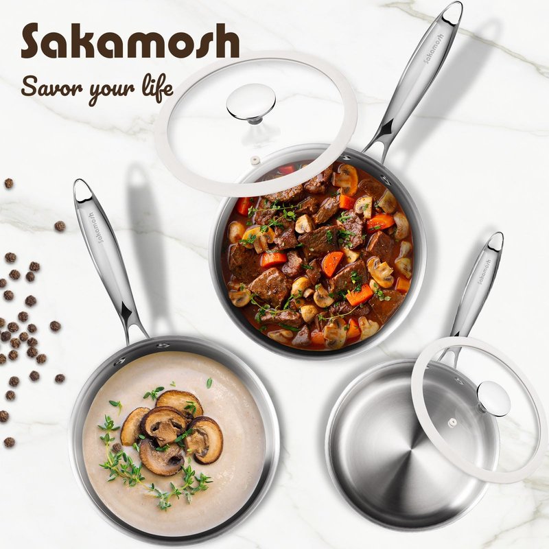 Tri-Ply Stainless Steel Sauce Pan Set with Lids 6PC, 1.5QT & 2.5QT & 3QT, Induction, PFOA Free, Dishwasher Safe,Sauce Pot, Cooking Pot, Tri-Ply Full Body