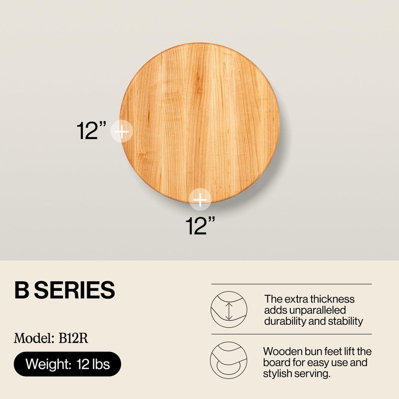 John Boos B Series Round Wooden Maple Cutting Board 12”x12” – 1.5” Thick, 12-lb Non-Reversible Butcher Block with Wood Bun Feet & Edge-Grain