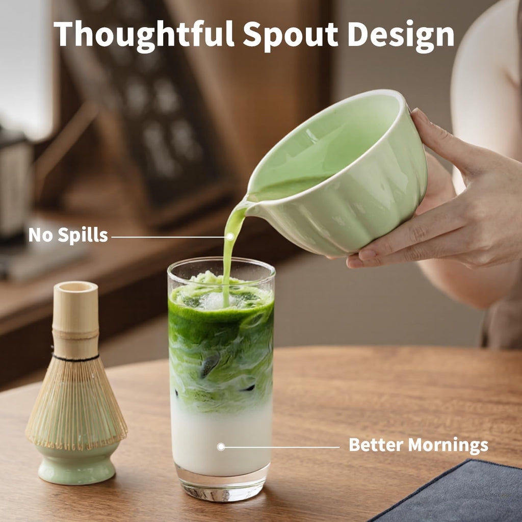 Matcha Whisk Set of 8 - HTRCXB Ceramic Matcha Set, Include Matcha Bowl, Matcha Whisk and Holder, Bamboo Scoop, Measuring Spoon, Scoop Rest, Sifter and Tea Towel - Matcha Kit Gift for Matcha Lovers