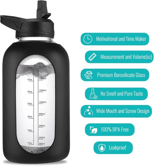 EALGRO 64 oz Glass Water Bottle With Straw and Handle, Half Gallon Sports Motivational Water Jug Flask with Silicone Sleeve, Large Water Cup with Time Marker for Travel, Gym, Dark Purple