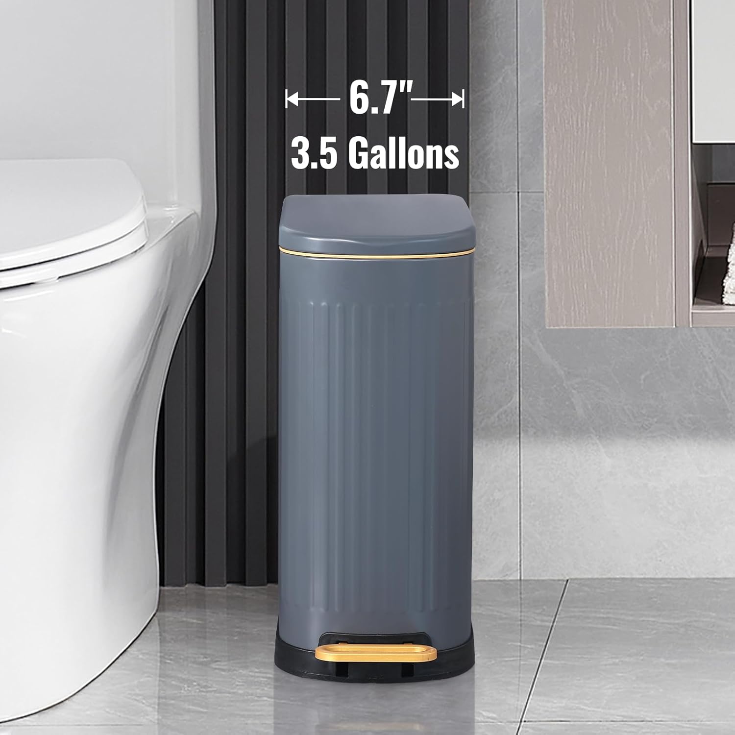 SYNCVIBE Slim Bathroom Trash Can - Soft Close Lid Stainless Steel Step Bin | 3.5 Gallons, Matt Grey