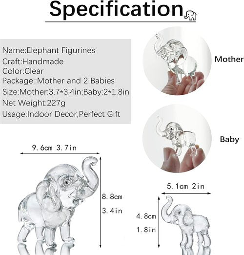 HDCRYSTALGIFTS Crystal Elephant Figurines Set - Lucky Glass Animals Home Decor | 3.5'' Mother & 2'' Babies
