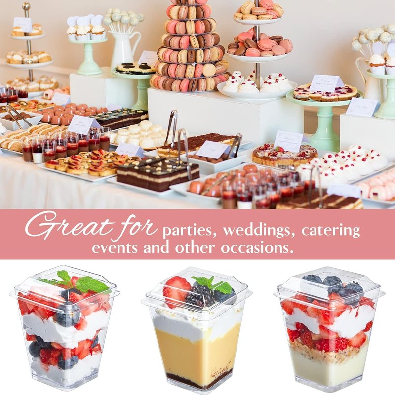 Zezzxu 100 Pack 5 oz Plastic Dessert Cups with Lids and Spoons, Banana Pudding Cups with Lids Mini Dessert Shooters for Party Individual Yogurt Parfait Jello Fruit Trifle