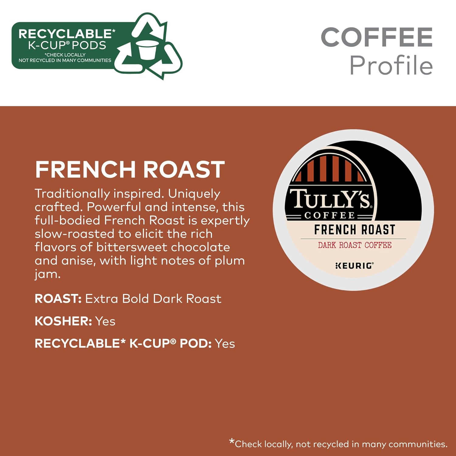 Tully's Coffee French Roast K-Cup Pods - Dark Roast Coffee, 60 Count (6 Packs of 10)