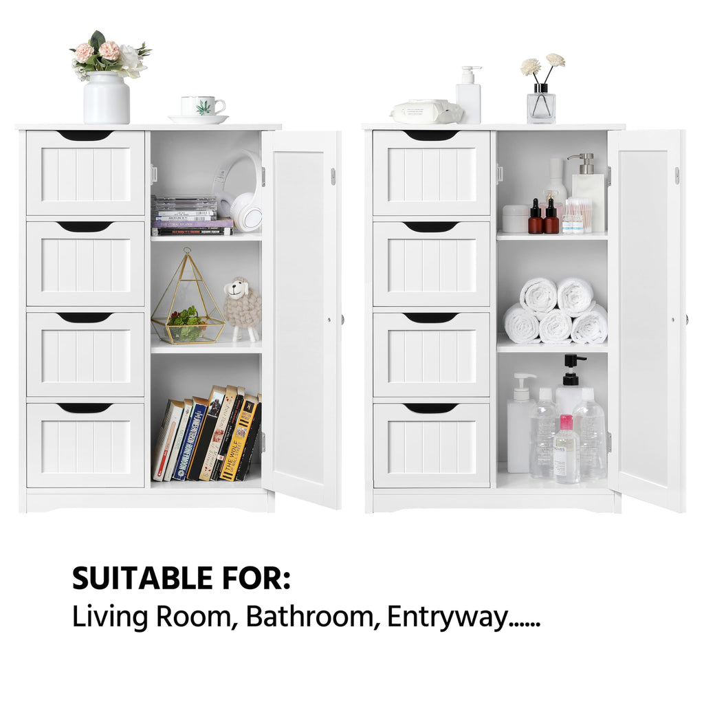 Yaheetech Wooden Floor Cabinet, Side Storage Organizer with 4 Drawers and 1 Cupboard, Freestanding Entryway Storage Unit Console Table, Bathroom Furniture Home Decor, White
