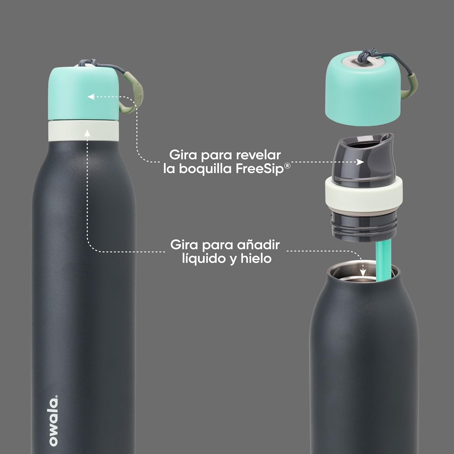 Owala FreeSip Twist Insulated Stainless Steel Water Bottle - BPA-Free, 24 oz, Blue/Grey (Foggy Tide) for Sports & Travel