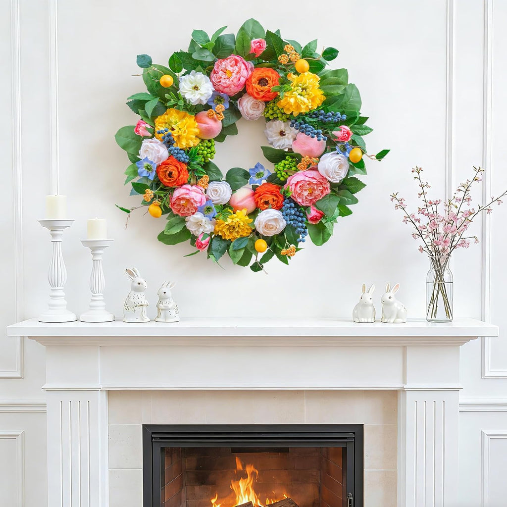 Pinkpuii 24-Inch Spring Wreath - Vibrant Peonies, Roses & Realistic Fruit Accents for Front Door Decor