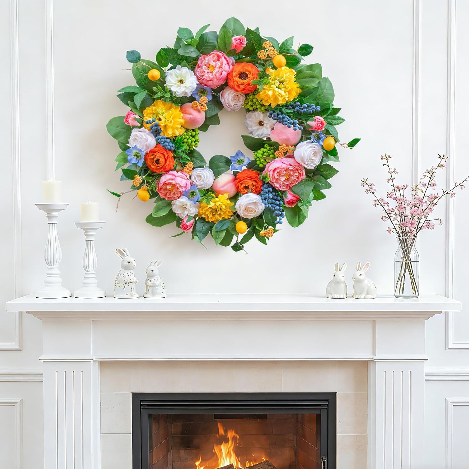 Pinkpuii 24-Inch Spring Wreath - Vibrant Peonies, Roses & Realistic Fruit Accents for Front Door Decor