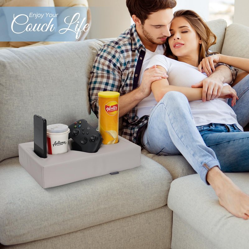 FDMGEL Couch Cup Holder Pillow - Cup Glass Cozy Pillow | Couch Caddy Sofa Bed Buddy Holds Drinks, Snacks, Remotes, Phones, Tablet. Keep Drinks Stand and Prevent Spills (PU Gray)