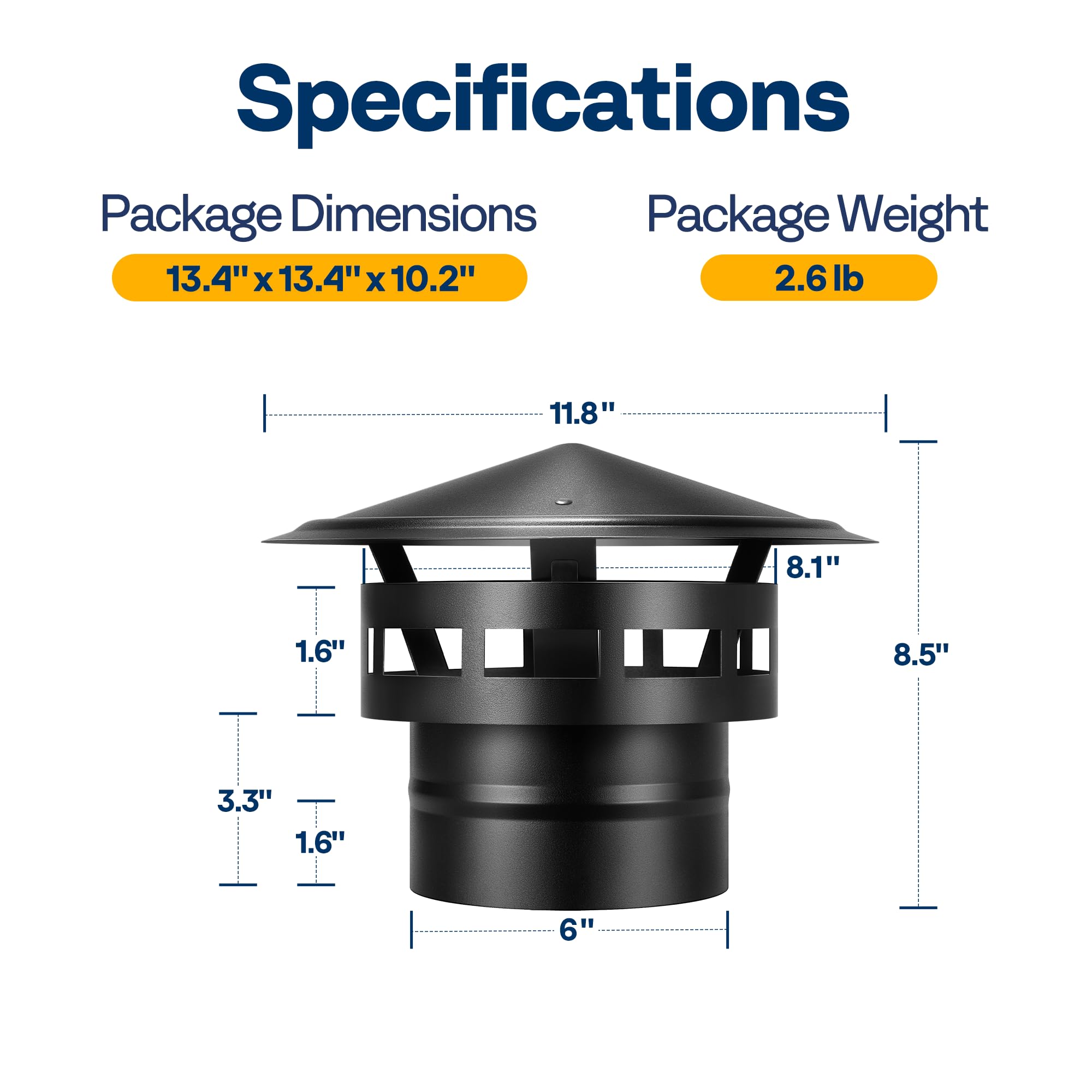 VIVOHOME 6" Cone Top Chimney Cap with Screen, Fireplace Round Chimney Cover, Galvanized Steel Exhaust Rain Caps for Outside, Easy to Install Flue Cap, Black