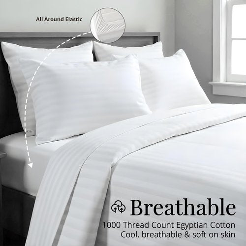 Minor Monkey 100% Egyptian Cotton Queen Size Damask Striped Sheets, 1000 Thread Count Luxury Breathable Sheet, 4Pc Queen Size Bed Sheet Set, Long Staple 16" Deep Pocket Sheets Set: White