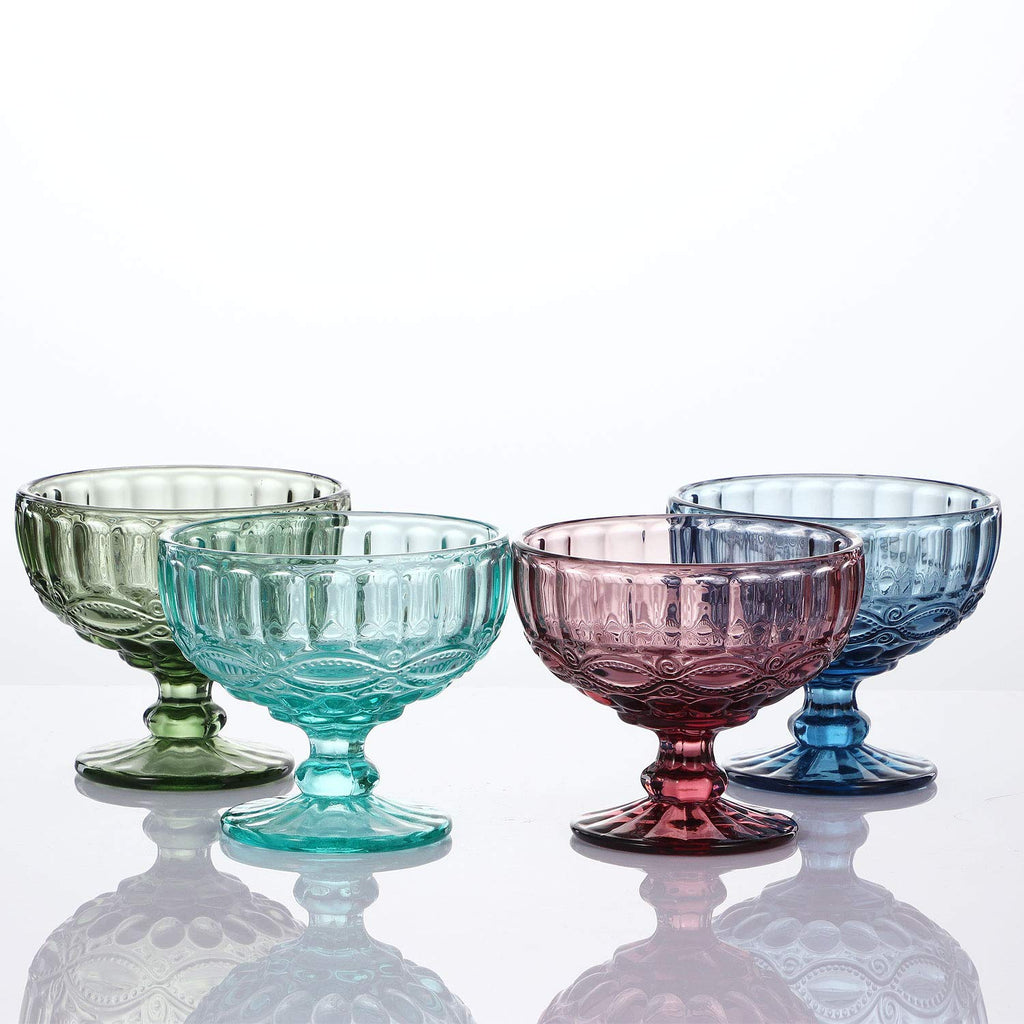 VanEnjoy Green Vintage Pressed Pattern Glass Ice Cream Cups/Dessert Bowls - Set of 4,12 Oz