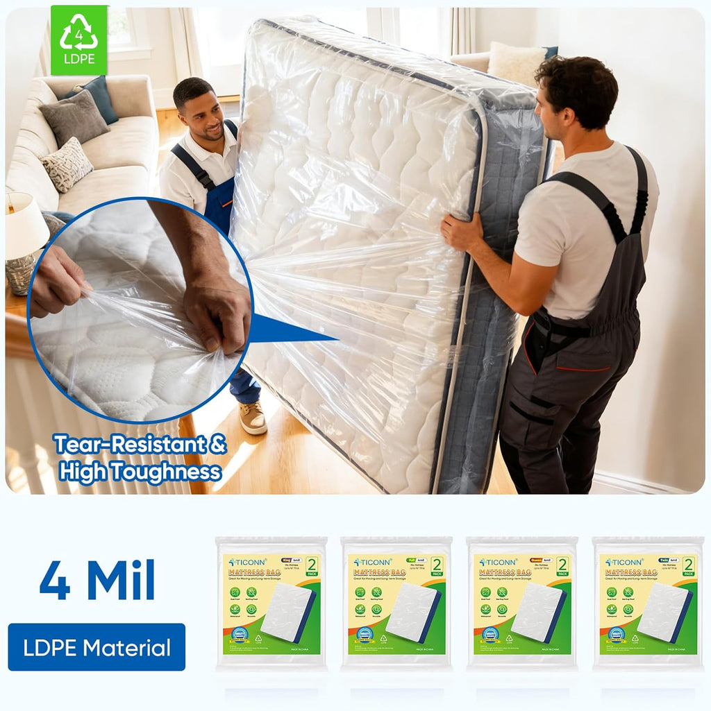TICONN Waterproof Mattress Bag - Heavy-Duty Moving Storage Cover | 2-Pack, Queen Size (4 Mil)