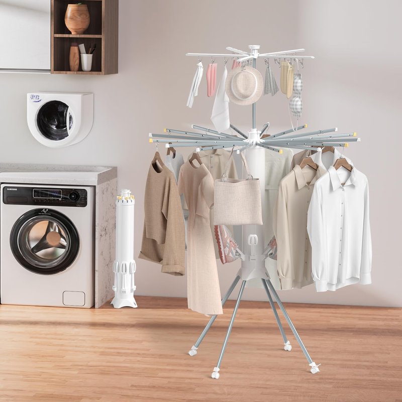 GBEER Clothes Drying Rack Foldable, 4-Legged Laundry Drying Rack Collapsible, Clothing Drying Rack with 4 Pulleys, 3-Tier Collapsible Drying Racks for Laundry and Shoes