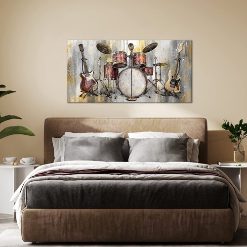 Saypeacher Music Canvas Wall Art Drum Guitar Piano Jazz Painting Pictures Prints Musical Artwork Prints Home Studio Decor 24''x48''