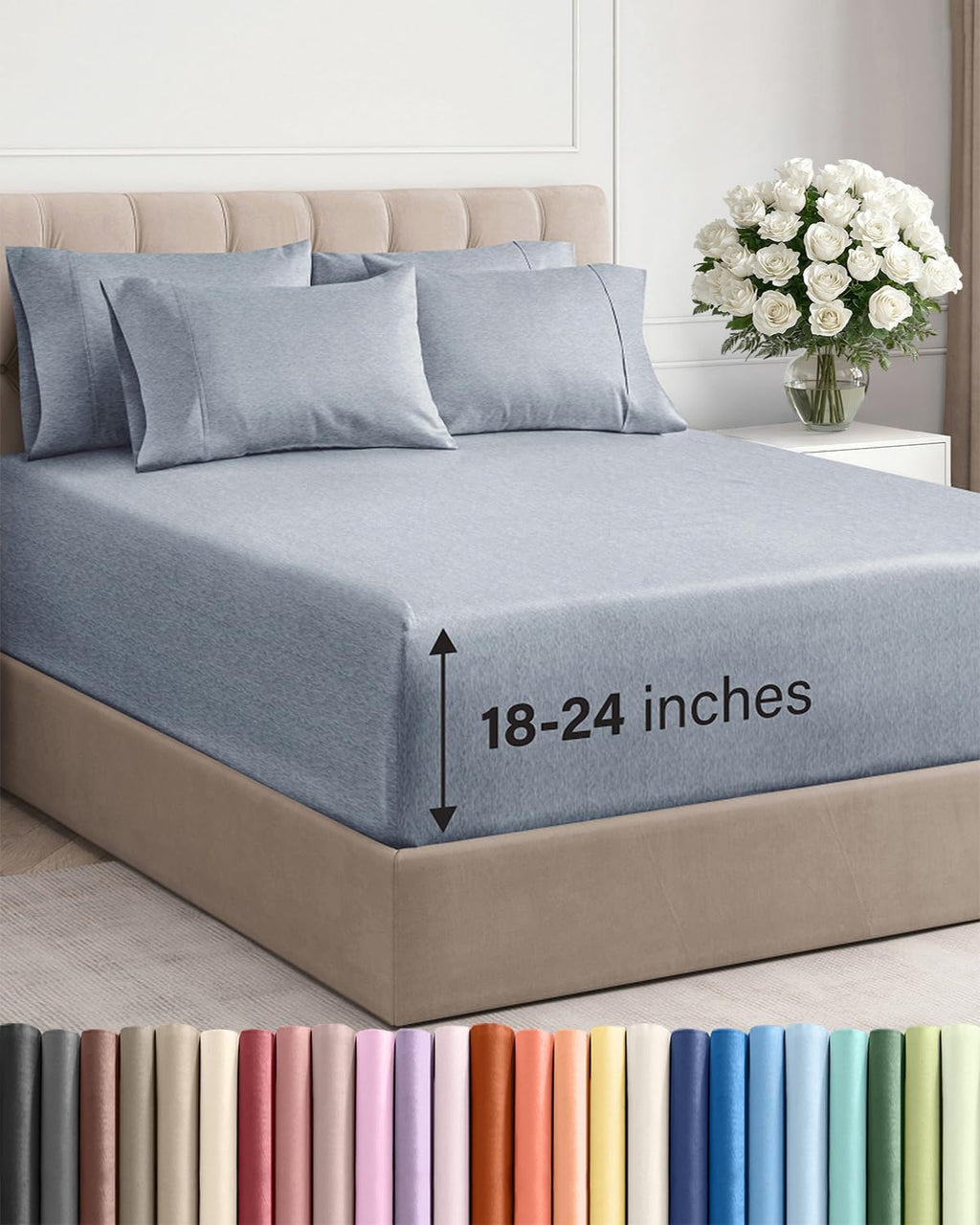 Skiennix Extra Deep Full Sheet Set - 6 Piece Breathable Cooling Sheets - Hotel Luxury Bedding - Soft Wrinkle-Free Heathered Blue