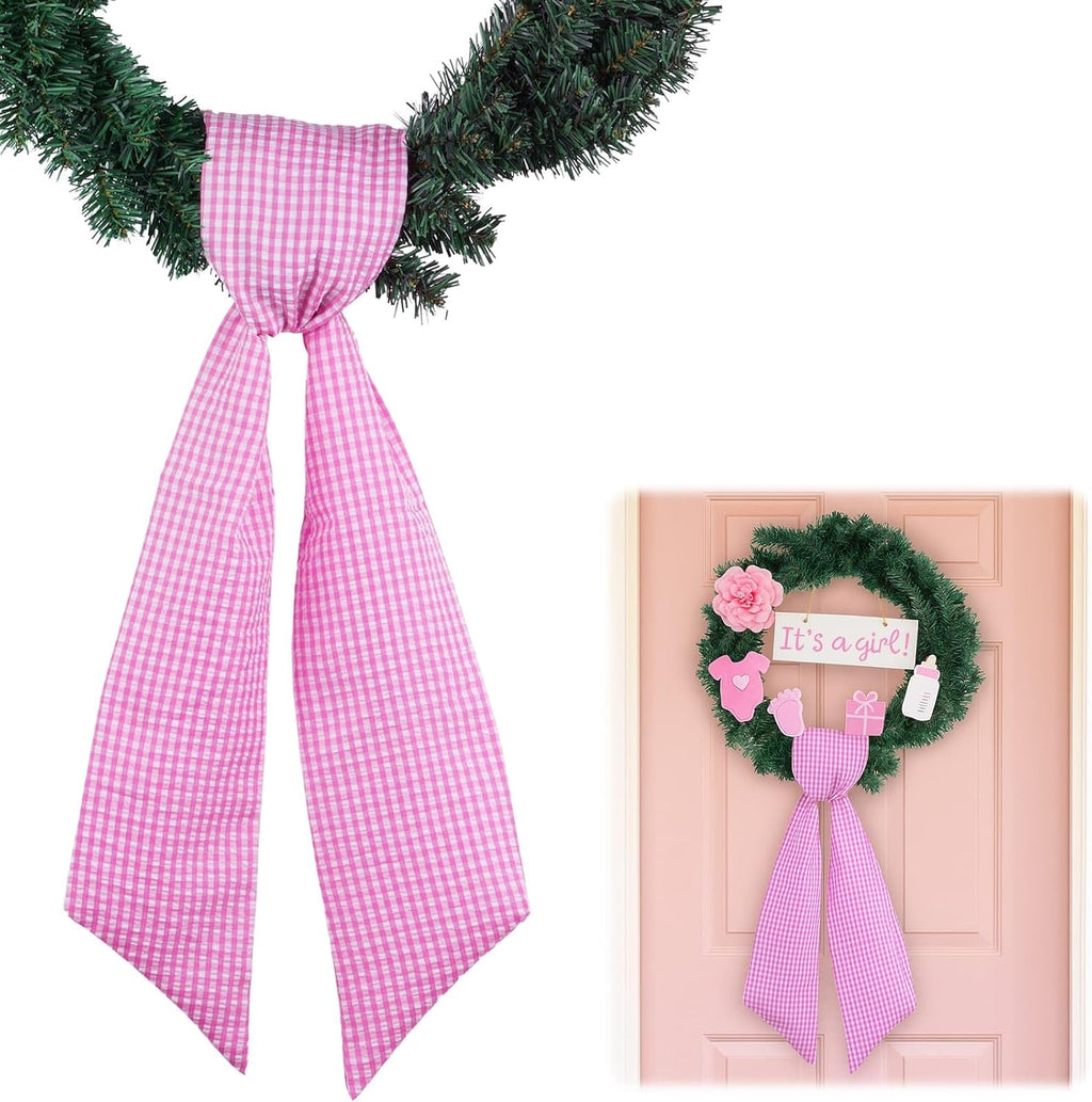 Regine Switzerland Pink White Gingham Wreath Sash - 5.12" Wide x 54.33" for Baby Shower & Spring Decor