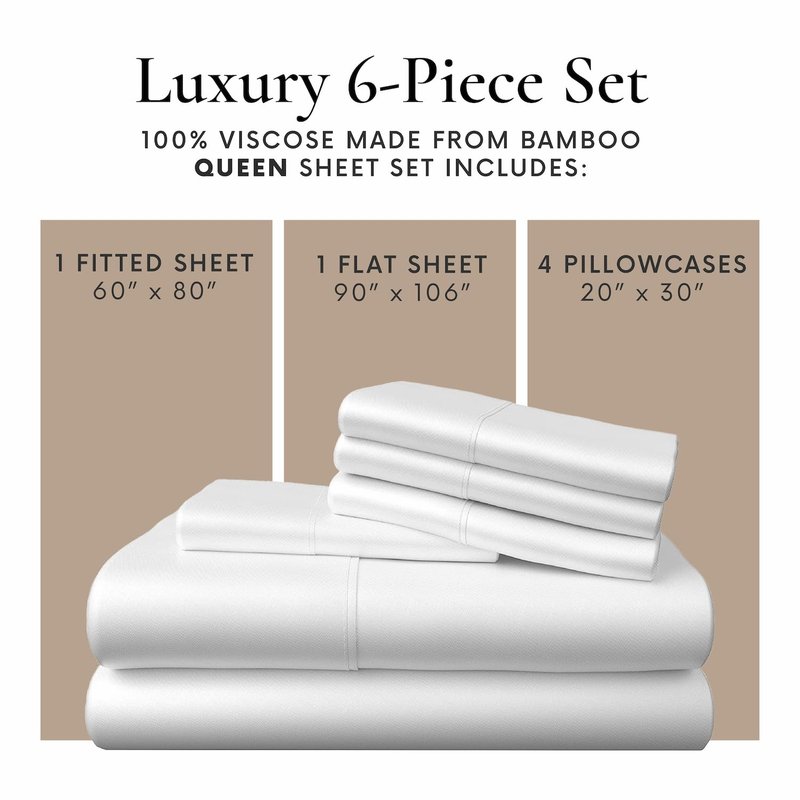 Bamboo Bay 6 Piece Queen Size Sheet Set, 100% Viscose Made from Bamboo, Breathable, Ultra Soft Cooling Bed Sheets for Hot Sleepers, Beddings with Deep Pockets Fit 16" Mattress, White