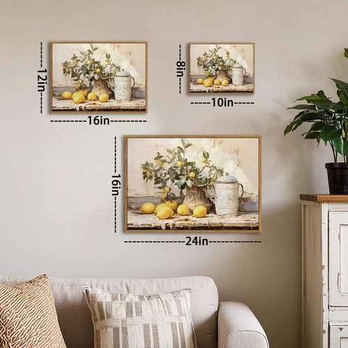 XLARTMY Framed Vintage Kitchen Wall Art, Yellow Lemon Still Life Wall Art Oil Paintings, Rustic Farmhouse Artwork Canvas Posters Prints Pictures for Living Room Bedroom 16x24In